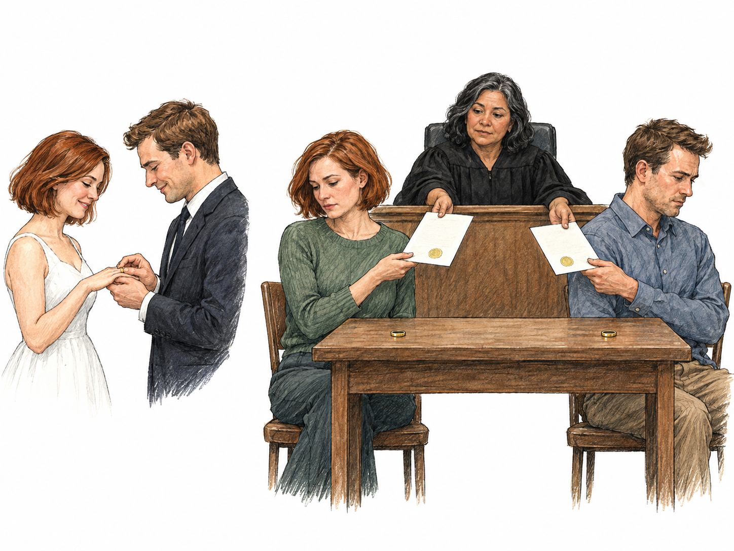A compact two-scene sequence connects an unmistakable marriage to its formal legal dissolution: the same man and woman exchange wedding rings in a small opening vignette, then sit apart before a judge who distributes matching sealed court documents while their removed wedding rings rest separately beside them.
