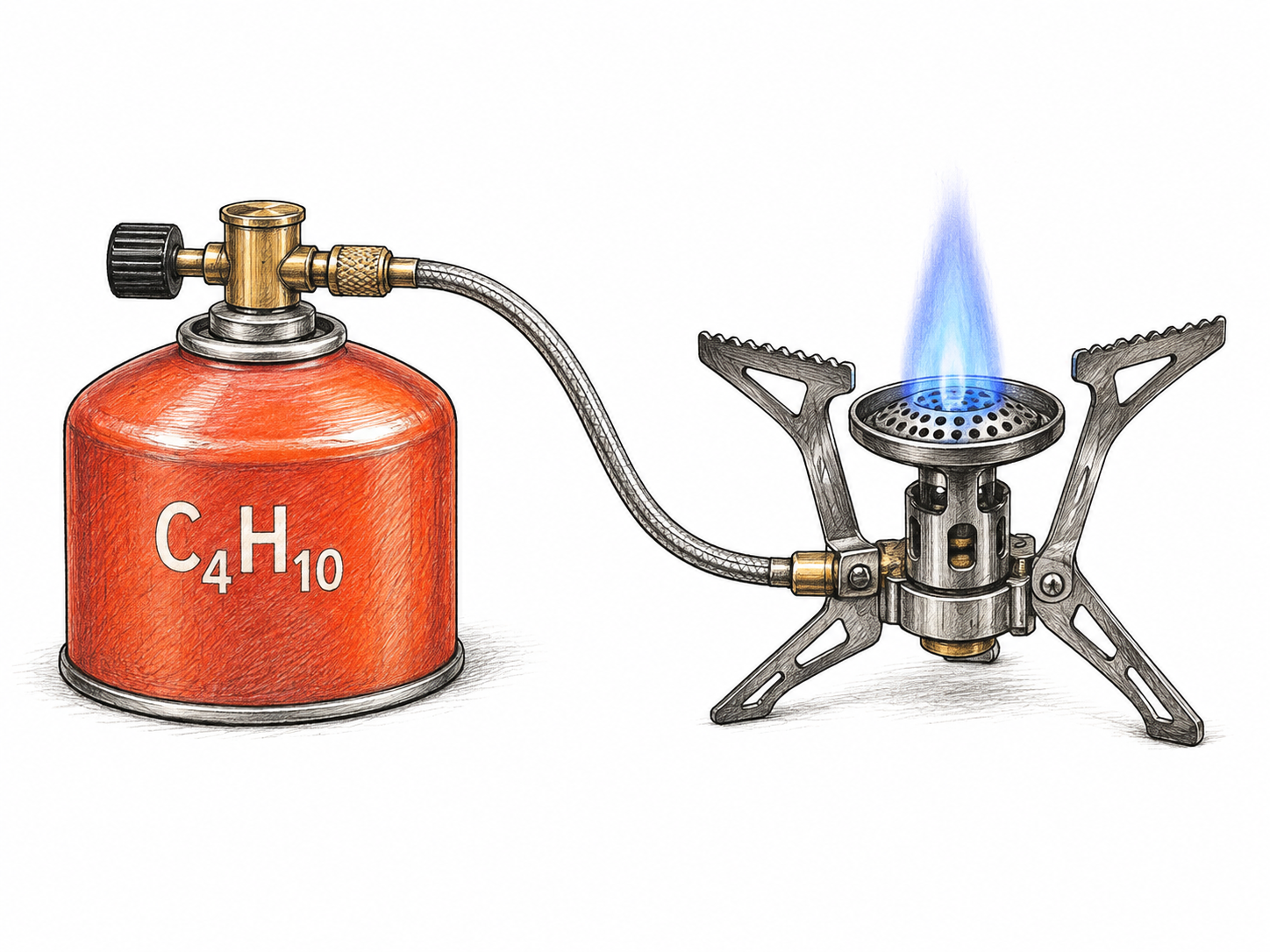 Small plain butane canister fuels compact camping stove through visible secure connection, short controlled blue burner flame demonstrates gaseous fuel.