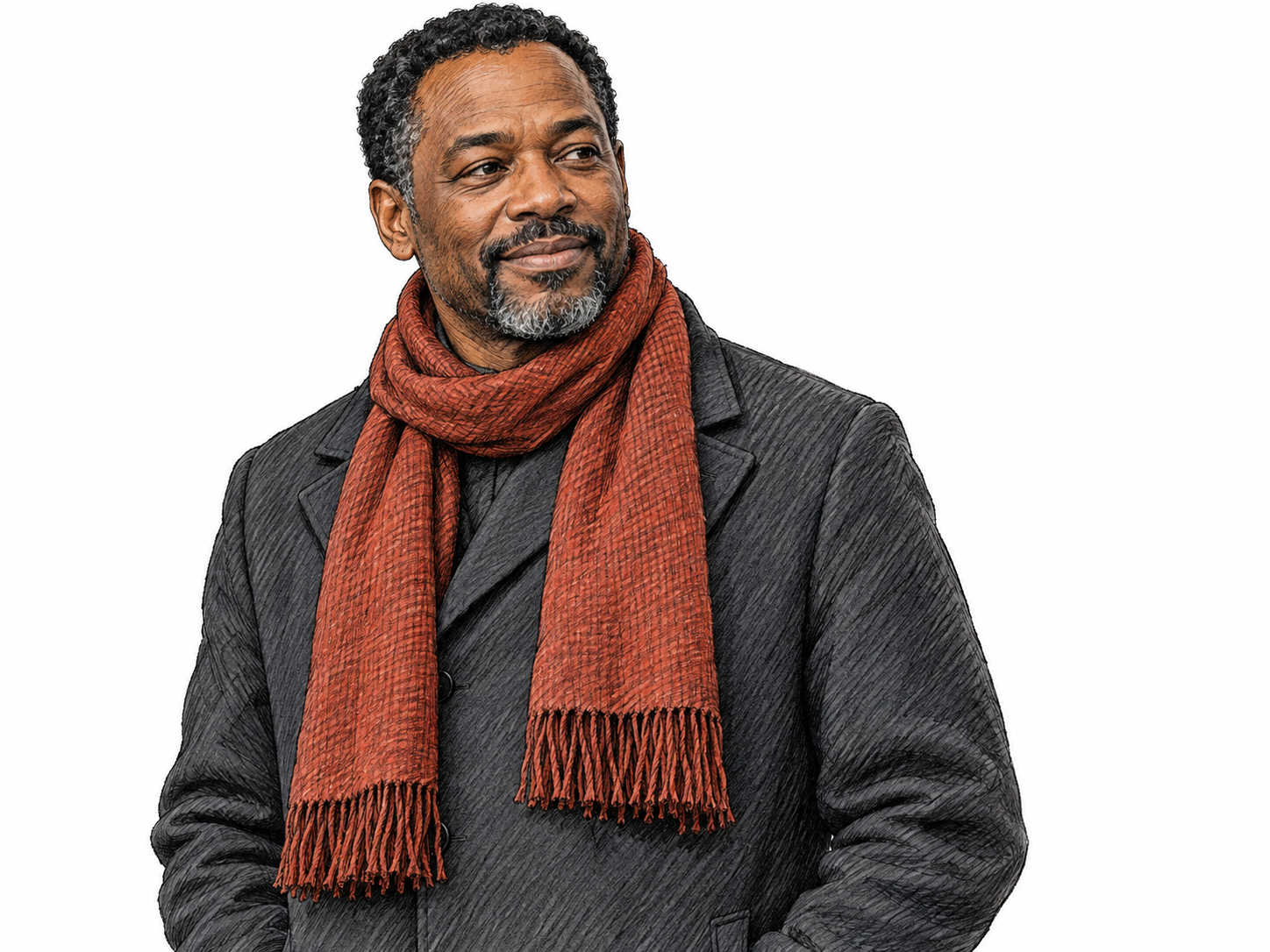 A close waist-up view of a man wearing a long woven scarf loosely wrapped around his neck, with both fringed ends hanging visibly over his plain coat.