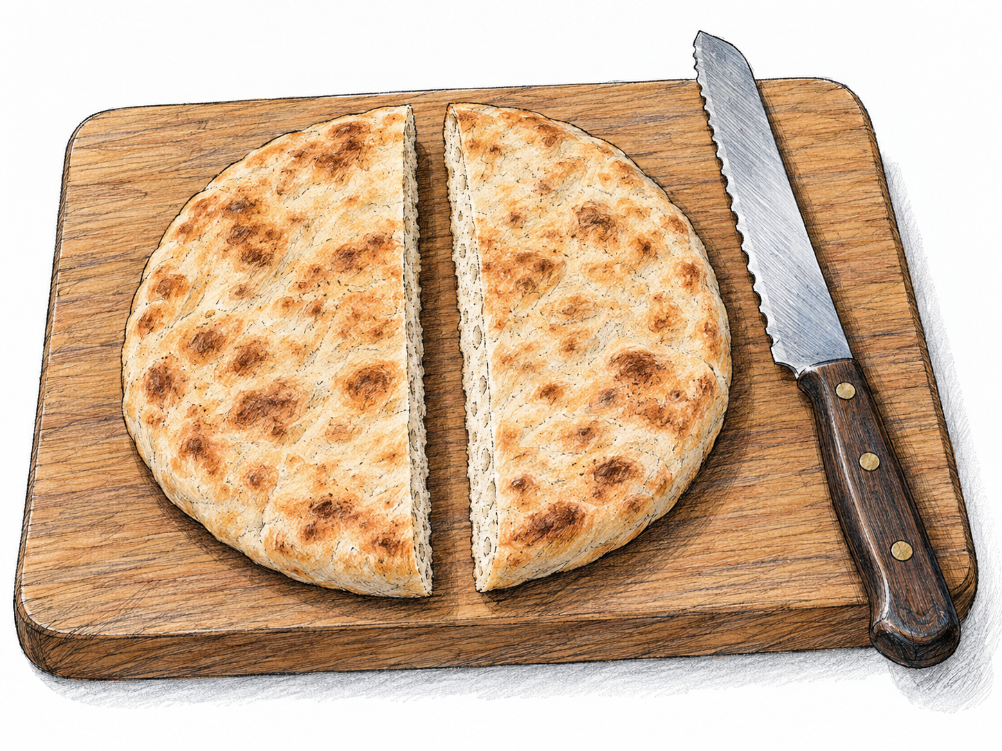 A round, plain flatbread on a cutting board has just been cut straight through its diameter.