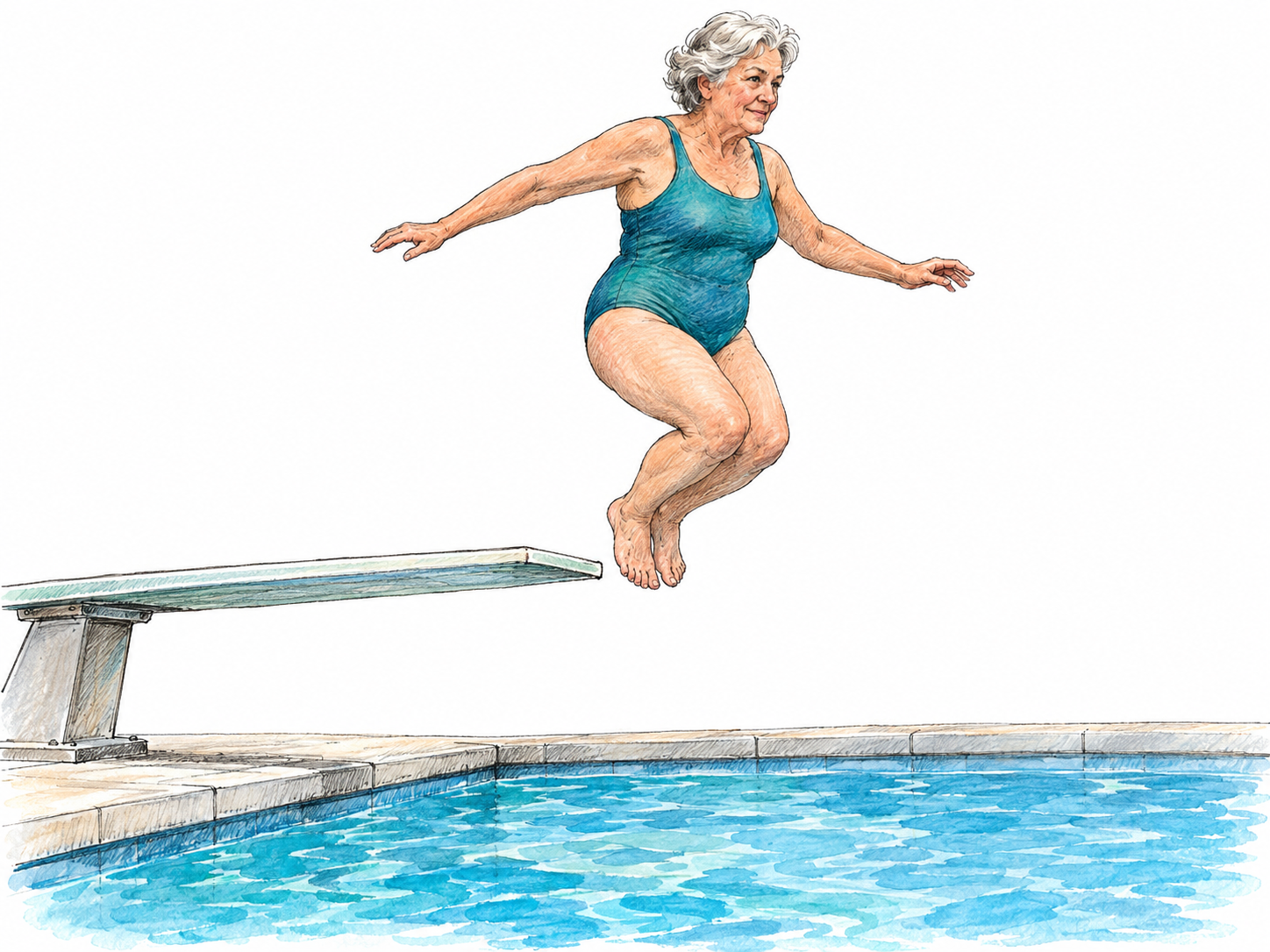 An older woman confidently launches from a pool diving board, capturing the decisive moment of taking a challenging leap.