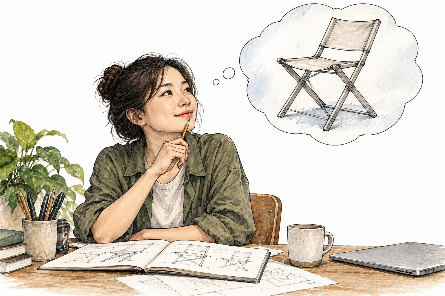 A young East Asian designer has an idea for a folding chair, thought bubble contains a clear chair sketch only.