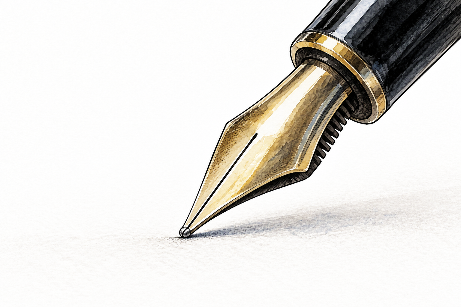 Macro view of a fountain pen nib with central slit and pointed writing tip touching blank paper, no engraving.