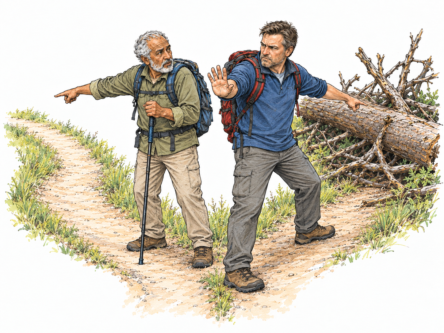 A hiker stubbornly insists on a visibly blocked trail, planting himself toward the obstruction and waving away his companion's indication of a clear alternate path.