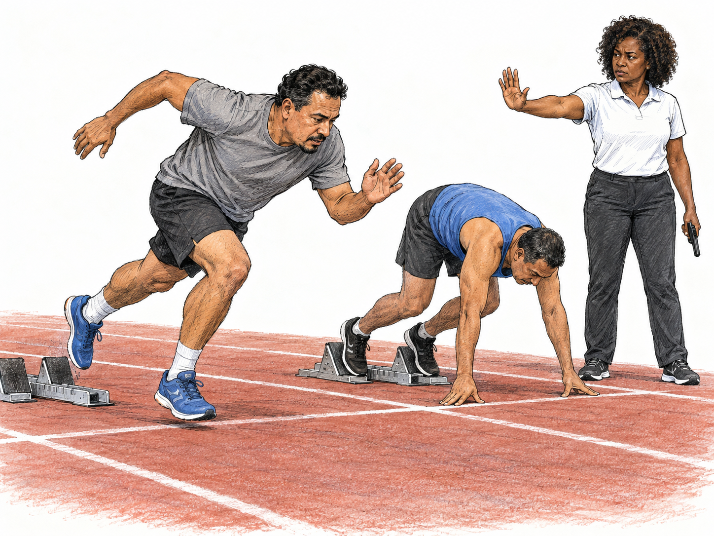 A sprinter launches from his starting blocks while his competitor remains in the set position and the race official is still holding the starting pistol lowered, making the too-early start visible.