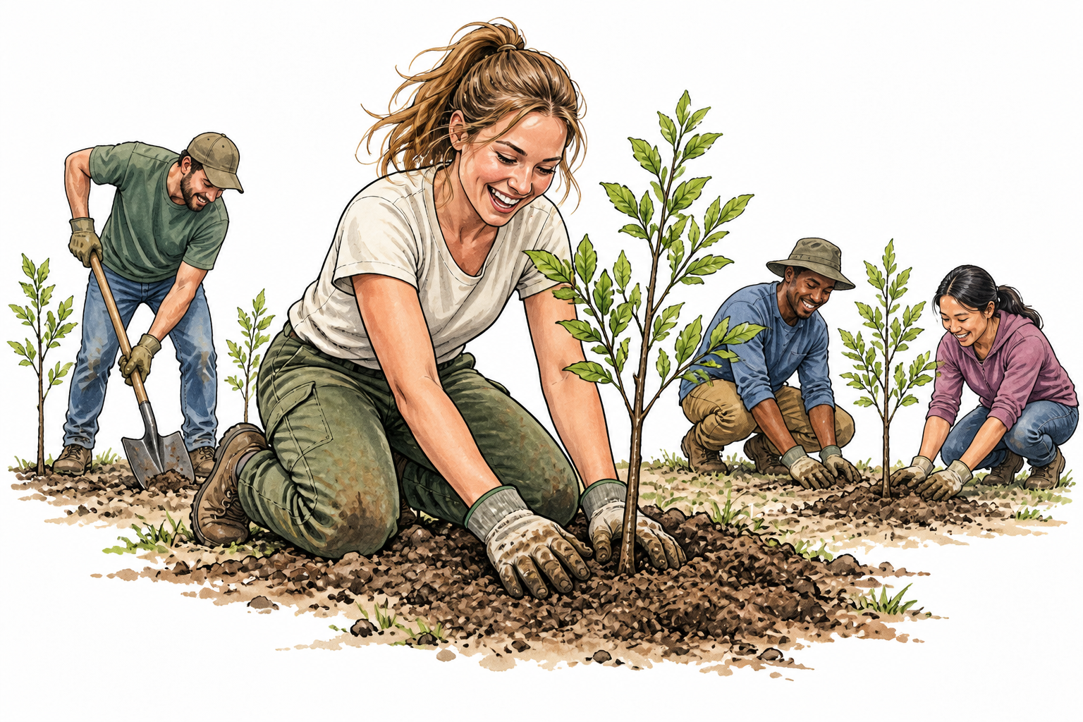 A white young woman volunteers energetically planting many trees with a community group, bright purposeful enthusiasm.