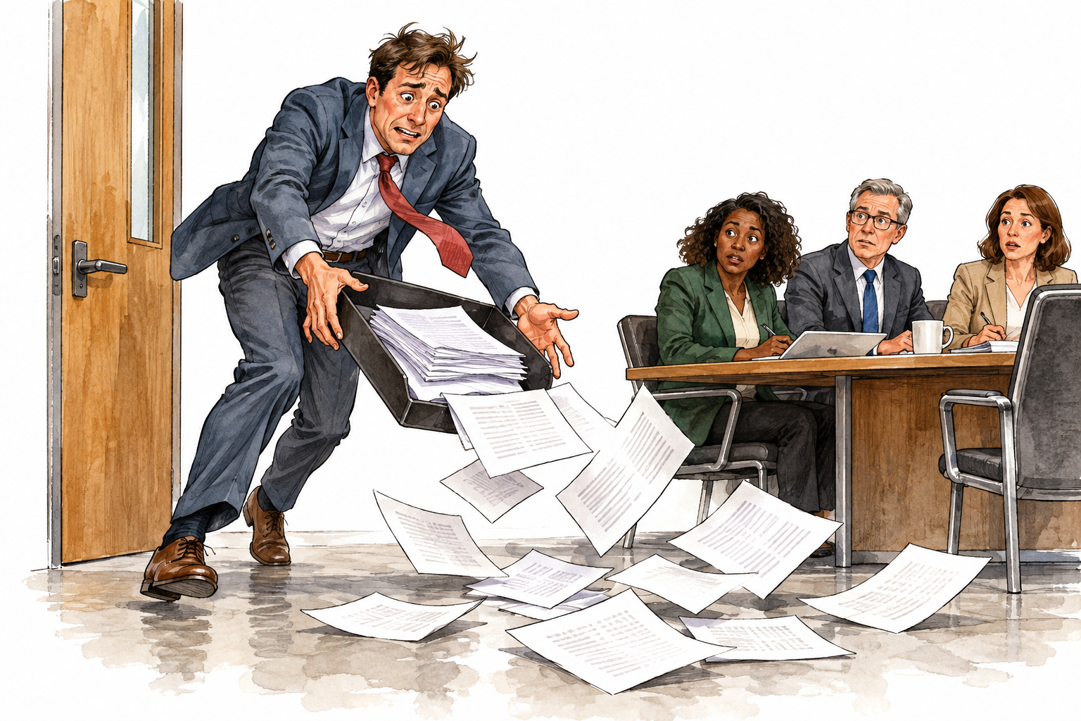 An embarrassed adult accidentally spills an entire tray of papers while entering a quiet meeting, careless blunder.