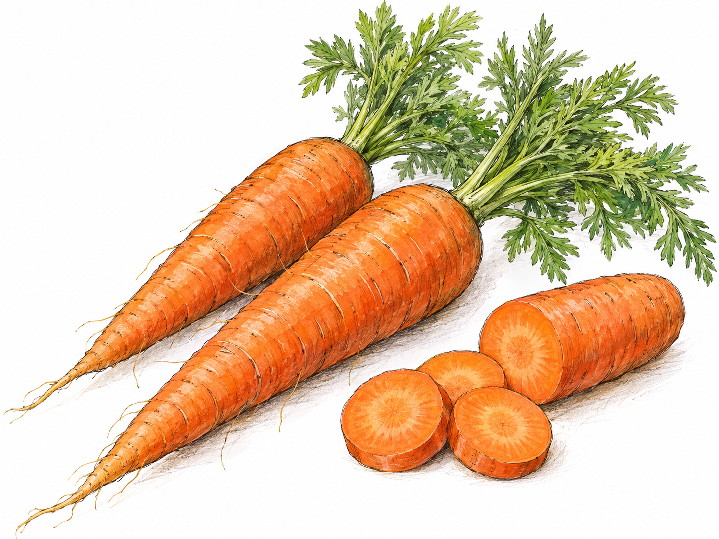 A close, simple still life of fresh orange carrots with feathery green tops, with one cut carrot and a few round slices showing the edible root.
