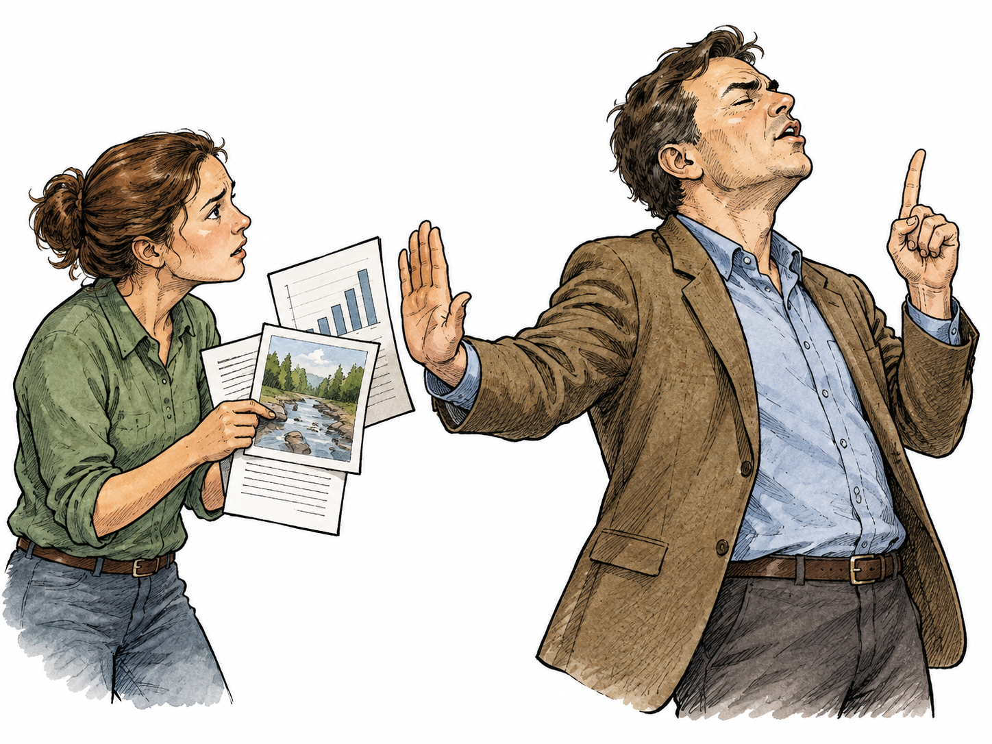 A speaker insists on a claim while turning away from another person's contrary evidence.