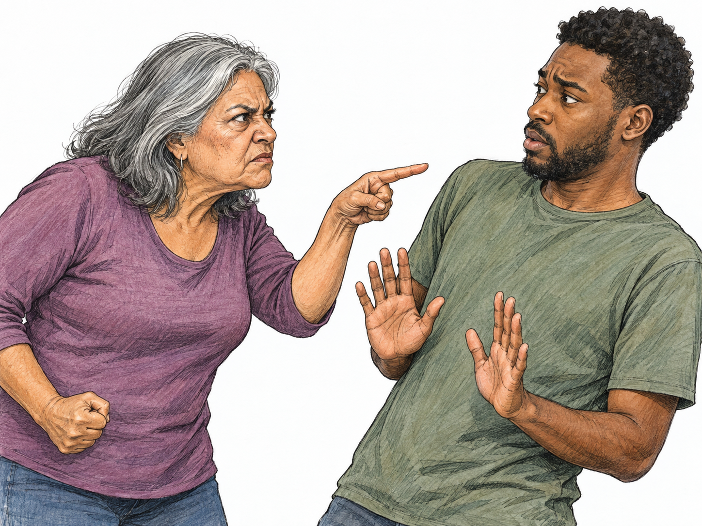 An openly hostile woman leans toward a man with a fierce glare and clenched fist, jabbing her other hand toward his chest; he recoils with open palms.
