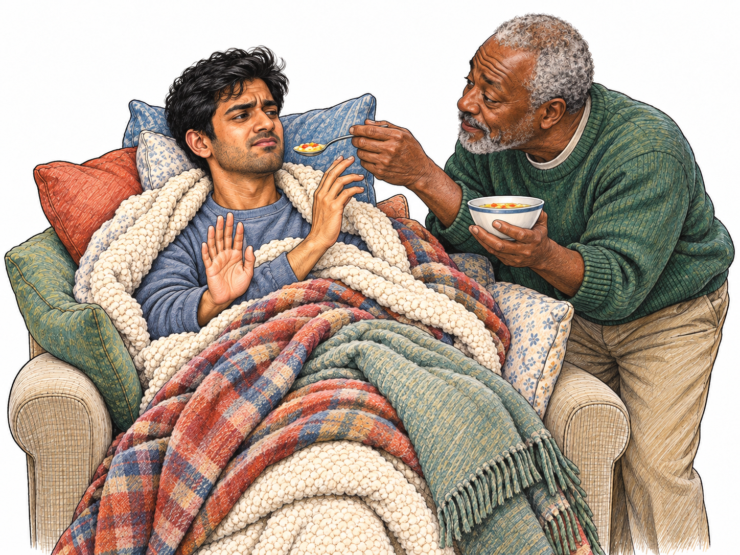 An older caregiver fussily wraps a healthy young adult in excessive blankets and cushions while spoon-feeding him; the young man reaches to take the spoon himself.
