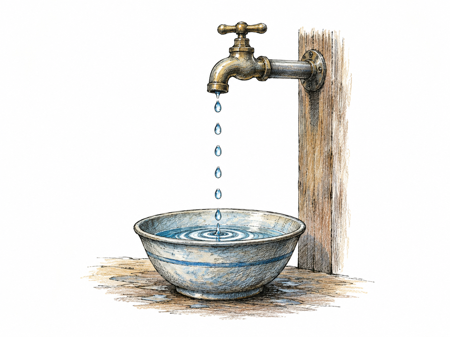 Six equal water drops fall at evenly spaced intervals from tap into a bowl, predictable recurring rhythm, restrained motion depiction; no labels.