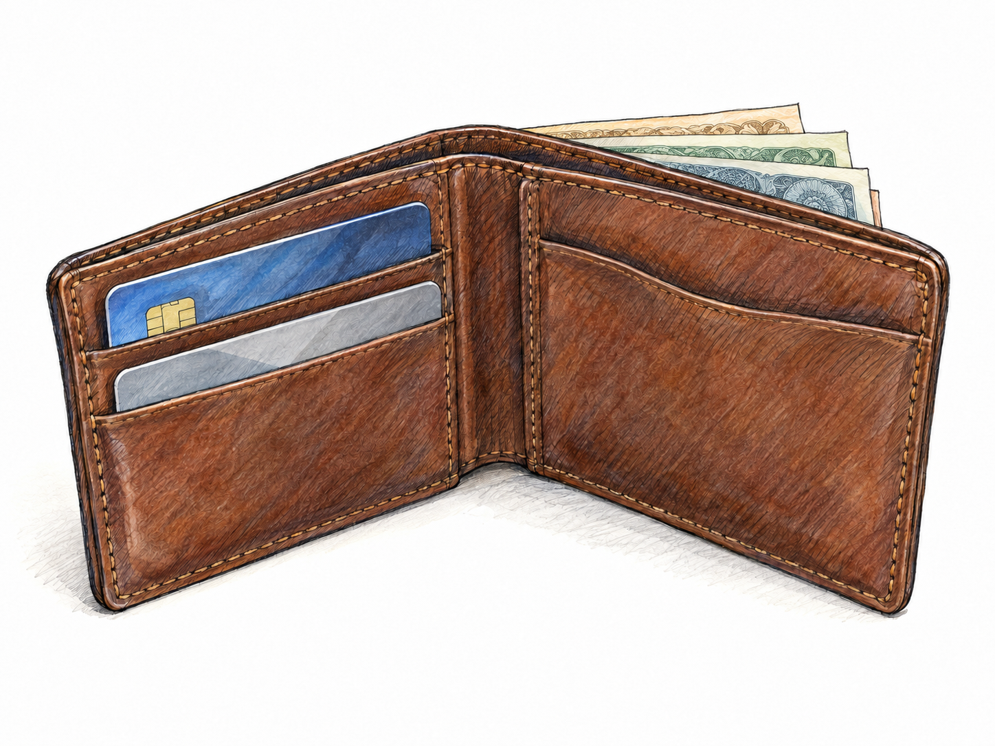 A single partly open bifold wallet, showing its central fold, fitted card slots and banknotes tucked into the rear bill compartment.