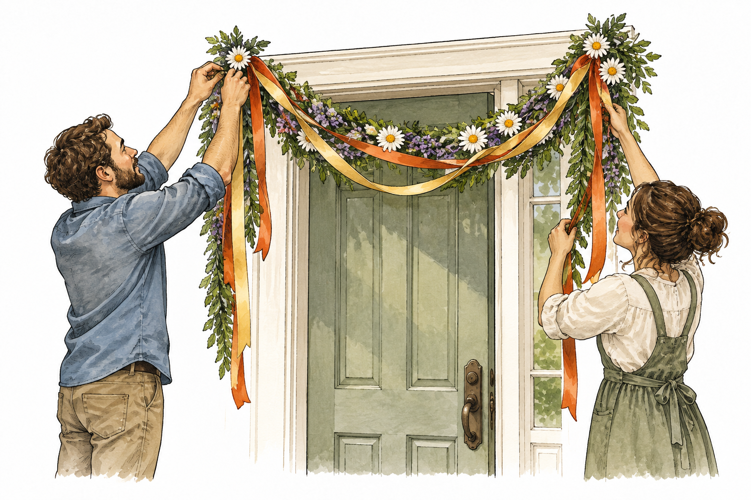 People hang looping flower garlands and ribbon chains across a doorway.
