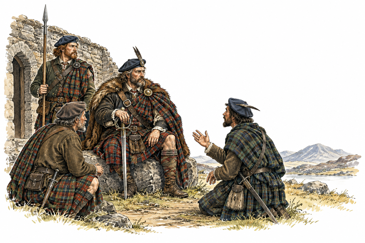A historically grounded Highland clan leader receiving council beside a stone hall, plausible seventeenth-century Scottish clothing and weapons, dignified leadership not caricature, no writing.