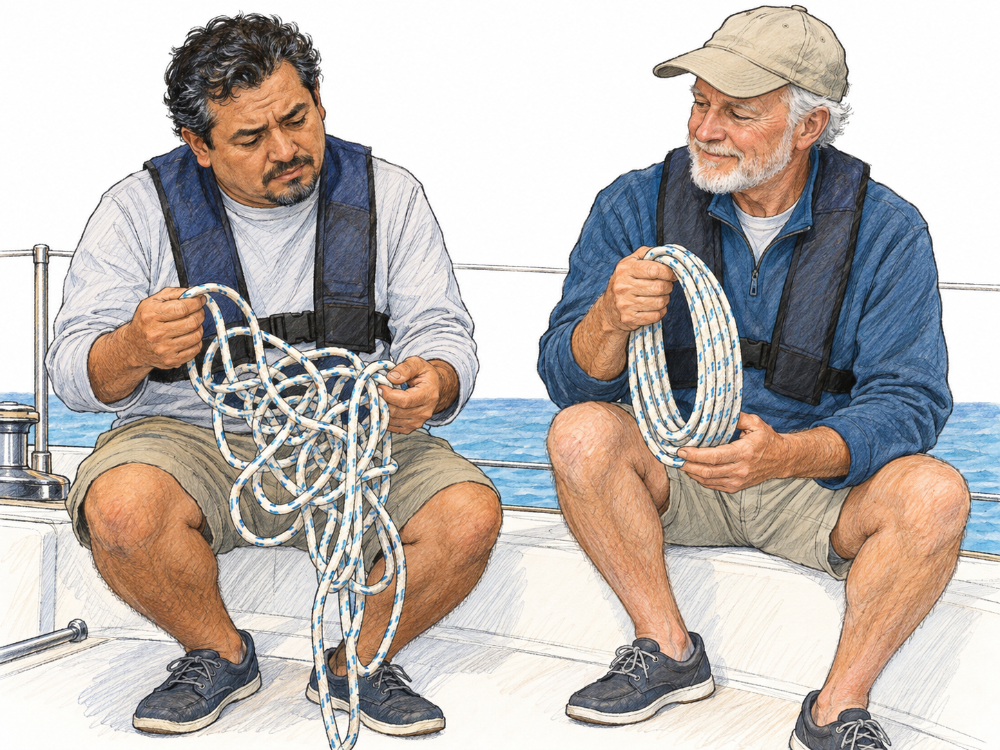 On a modern sailboat, an inexperienced sailor awkwardly gathers a rope into a tangled bundle while an experienced older sailor beside him holds a neat coil for comparison.