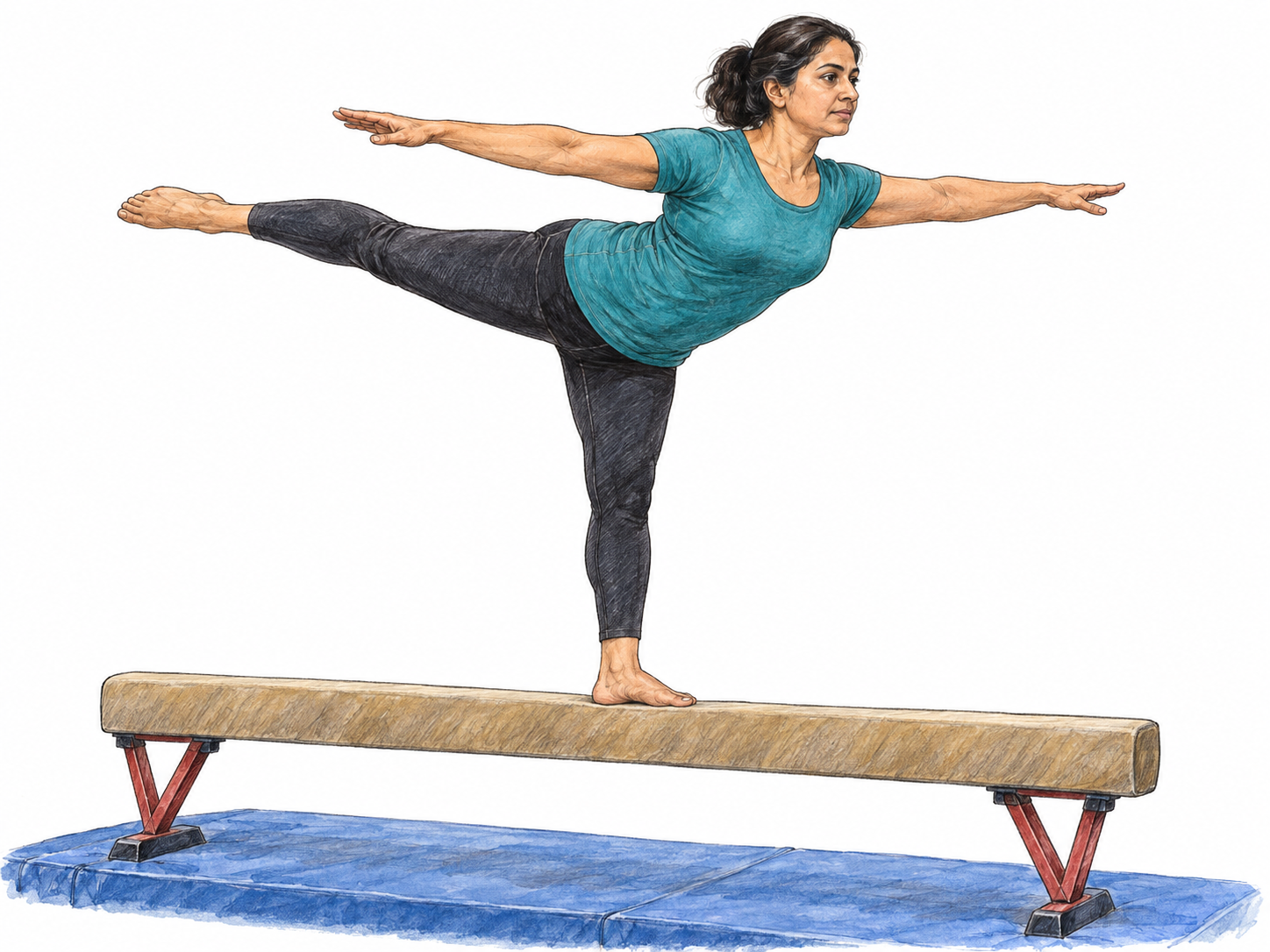 A gymnast holds a controlled arabesque balance on a narrow balance beam, visibly demonstrating balance, flexibility, and body control.