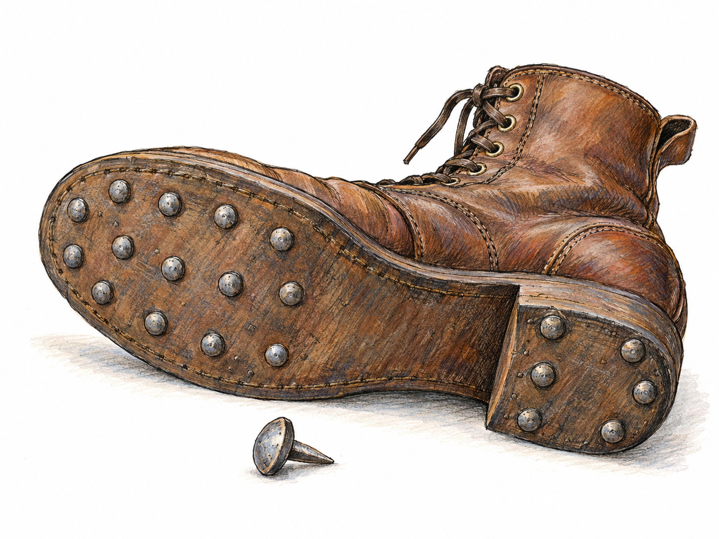 A sturdy leather boot lying with its sole facing the viewer, showing large-headed hobnails set into the heel and sole; one loose hobnail beside it reveals its short, thick shank.