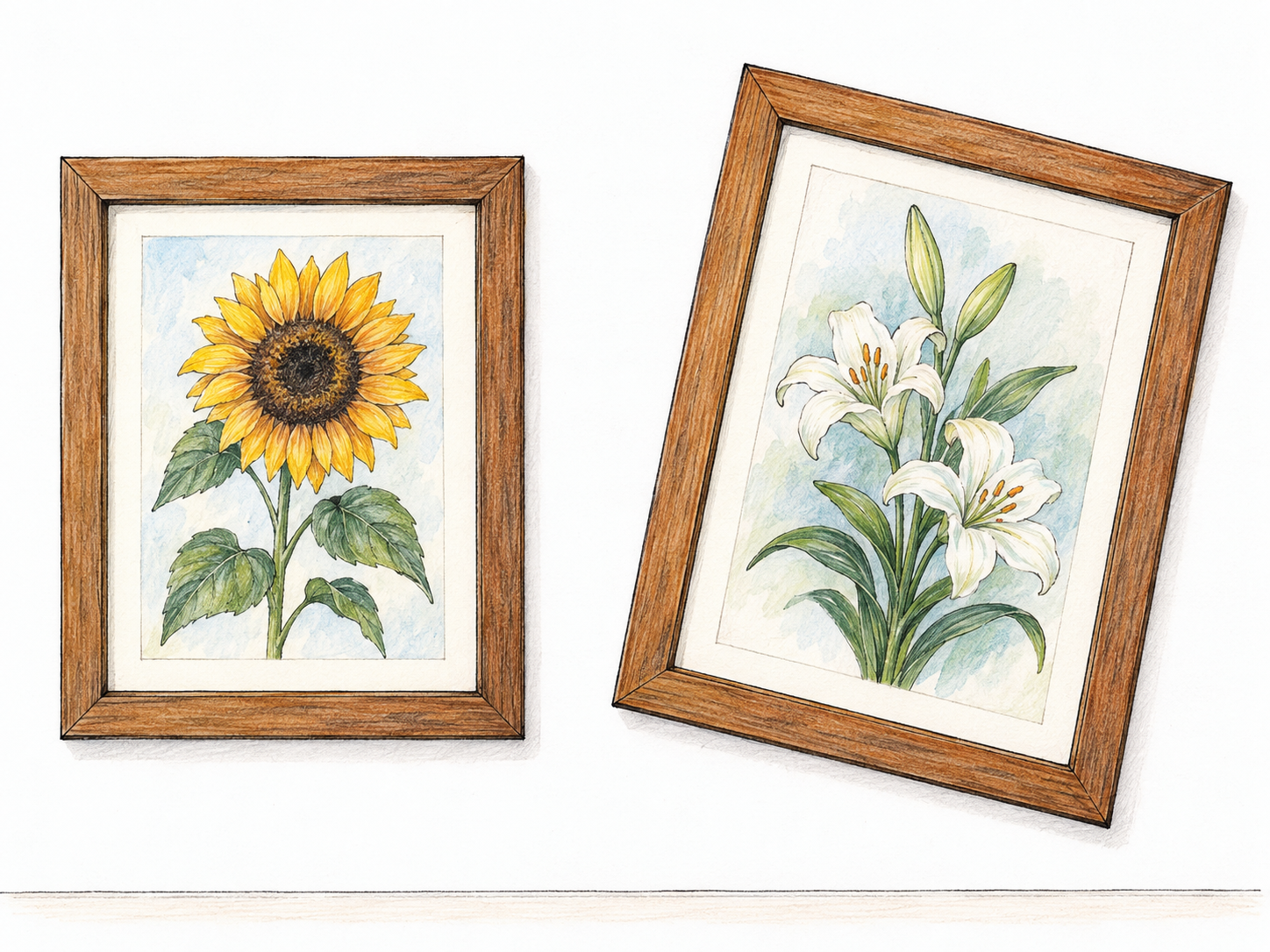A plain rectangular picture frame hangs at a conspicuous slant beside a level frame, making the physical tilted-angle sense immediately visible.