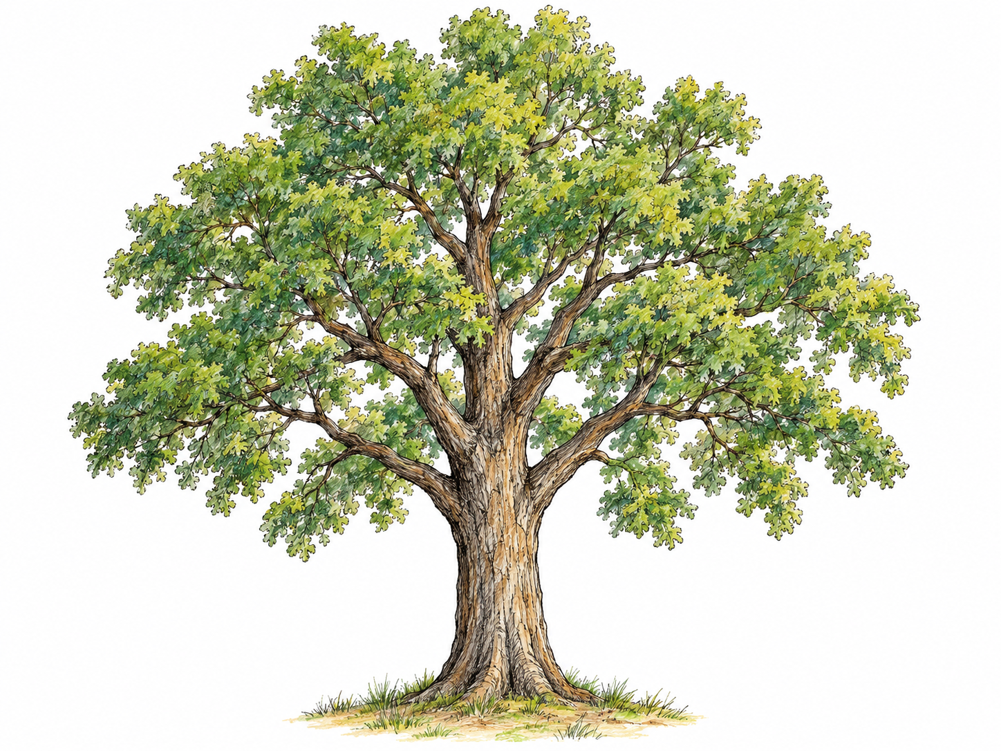 One mature deciduous tree with a tall woody trunk, clearly visible branching limbs, and a leafy crown, rooted in a small patch of ground.