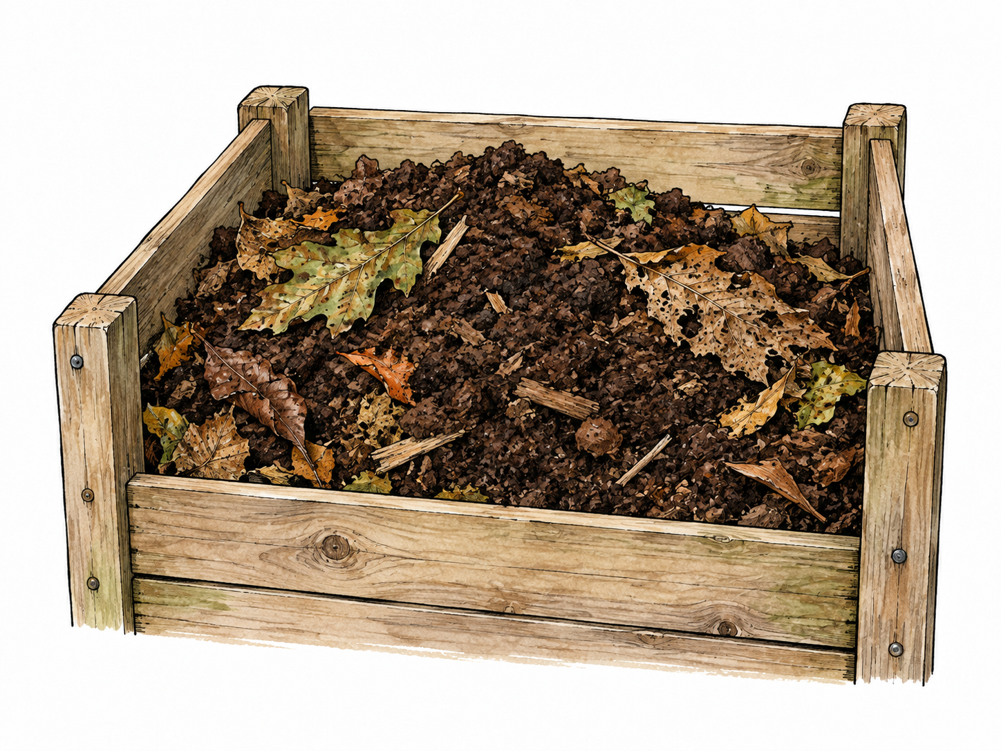 Rich crumbly dark compost beside recognizable partially decomposed leaves in small wooden compost bin, no flies or text.