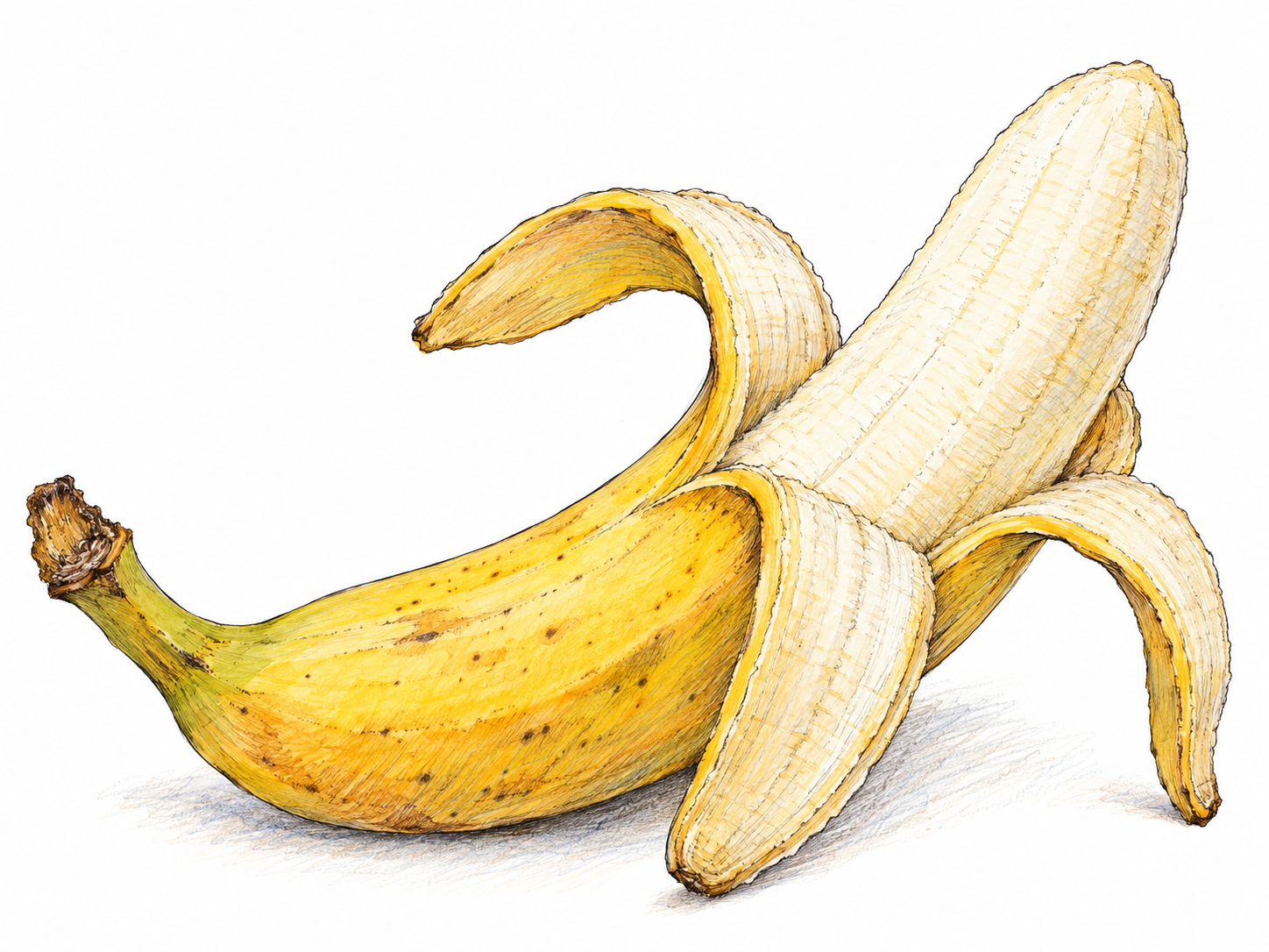 A yellow banana is partly peeled, exposing pale flesh.