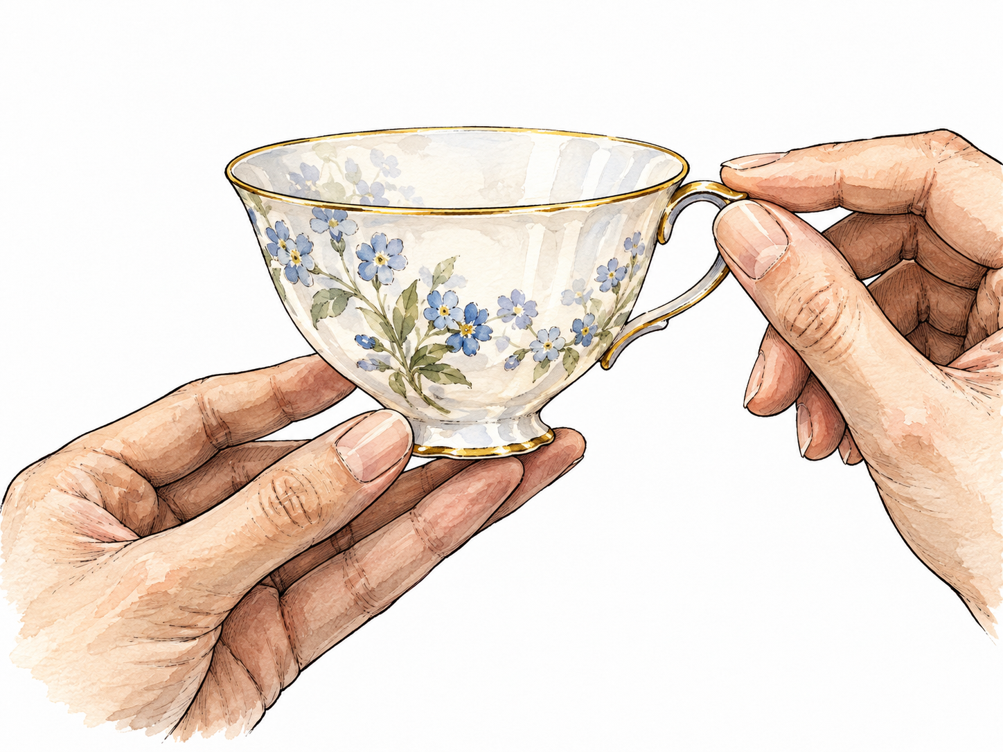 A fragile translucent porcelain teacup with a very thin rim held gently by careful fingertips.