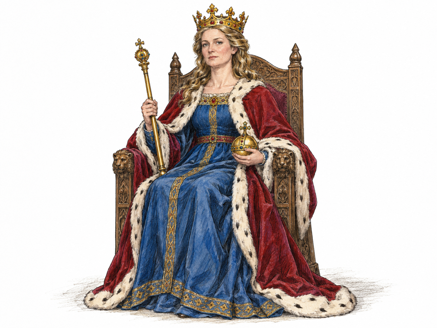 A crowned female monarch sits upright on a throne, holding a royal scepter and orb.