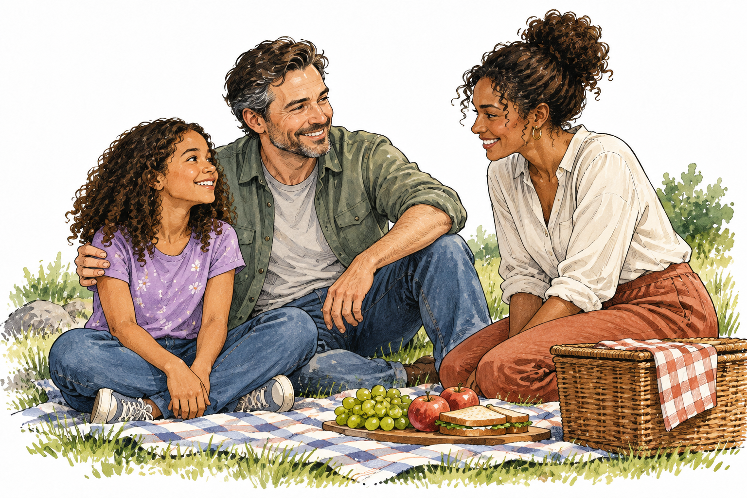 A parent introduces their daughter to their new spouse during a relaxed picnic, no visual claim of biological proof.