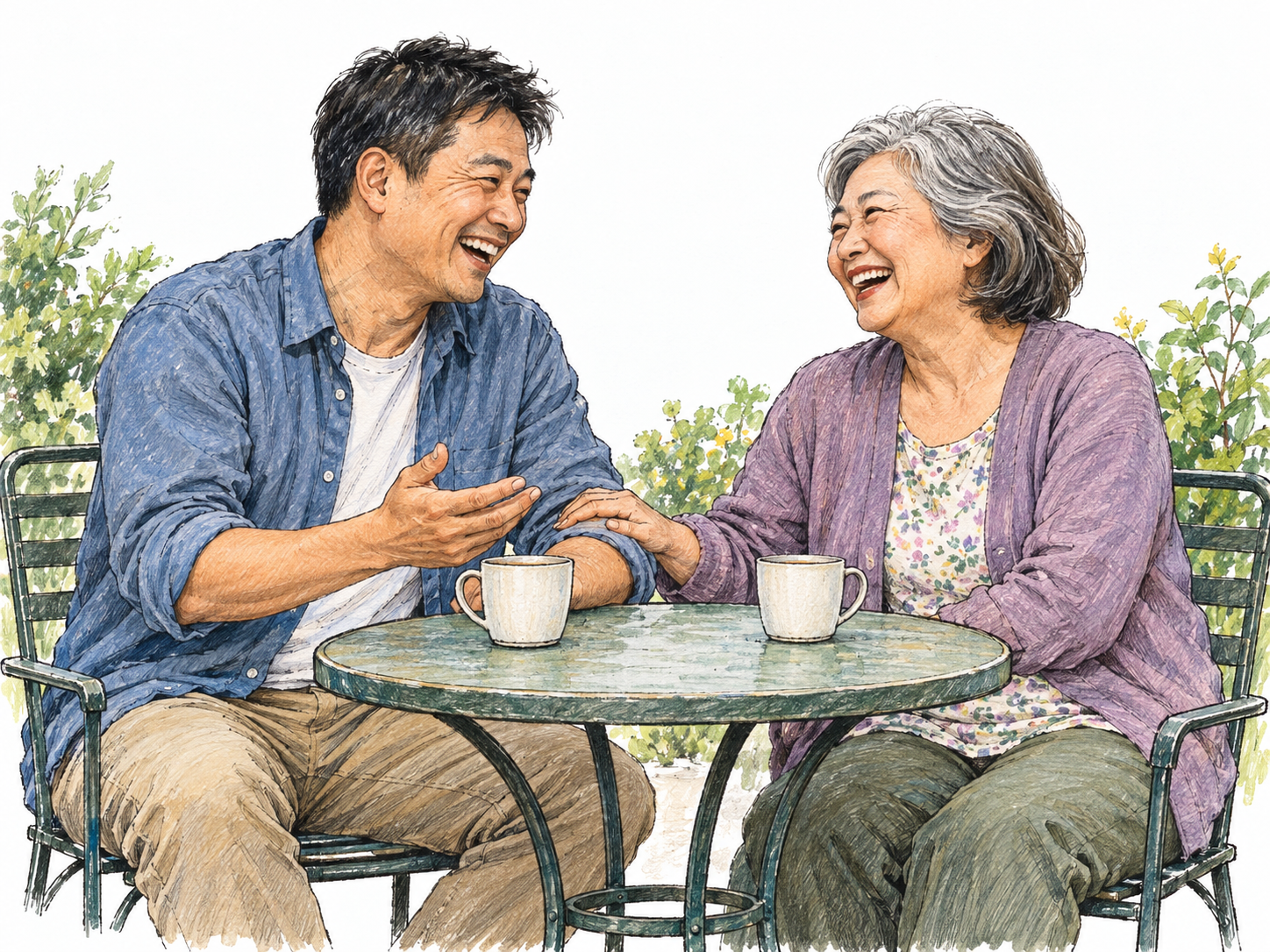 Two neighbors share warm, open laughter across a small garden table.