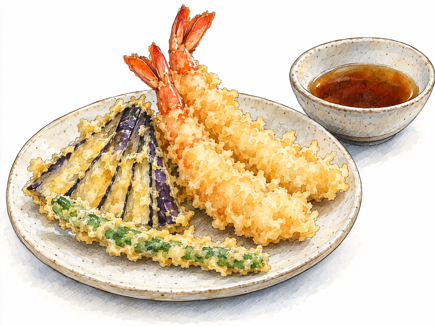 A close view of Japanese tempura: lightly battered shrimp with visible red tails, a fan-cut eggplant slice, and a green bean arranged on a simple ceramic plate beside a small dipping bowl.
