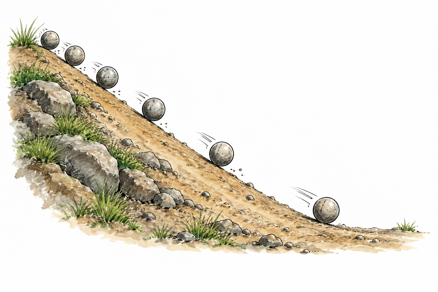 One ball rolling down an incline shown at successive equal-time positions increasingly farther apart, accurate spacing conveys increasing speed, no labels/arrows.