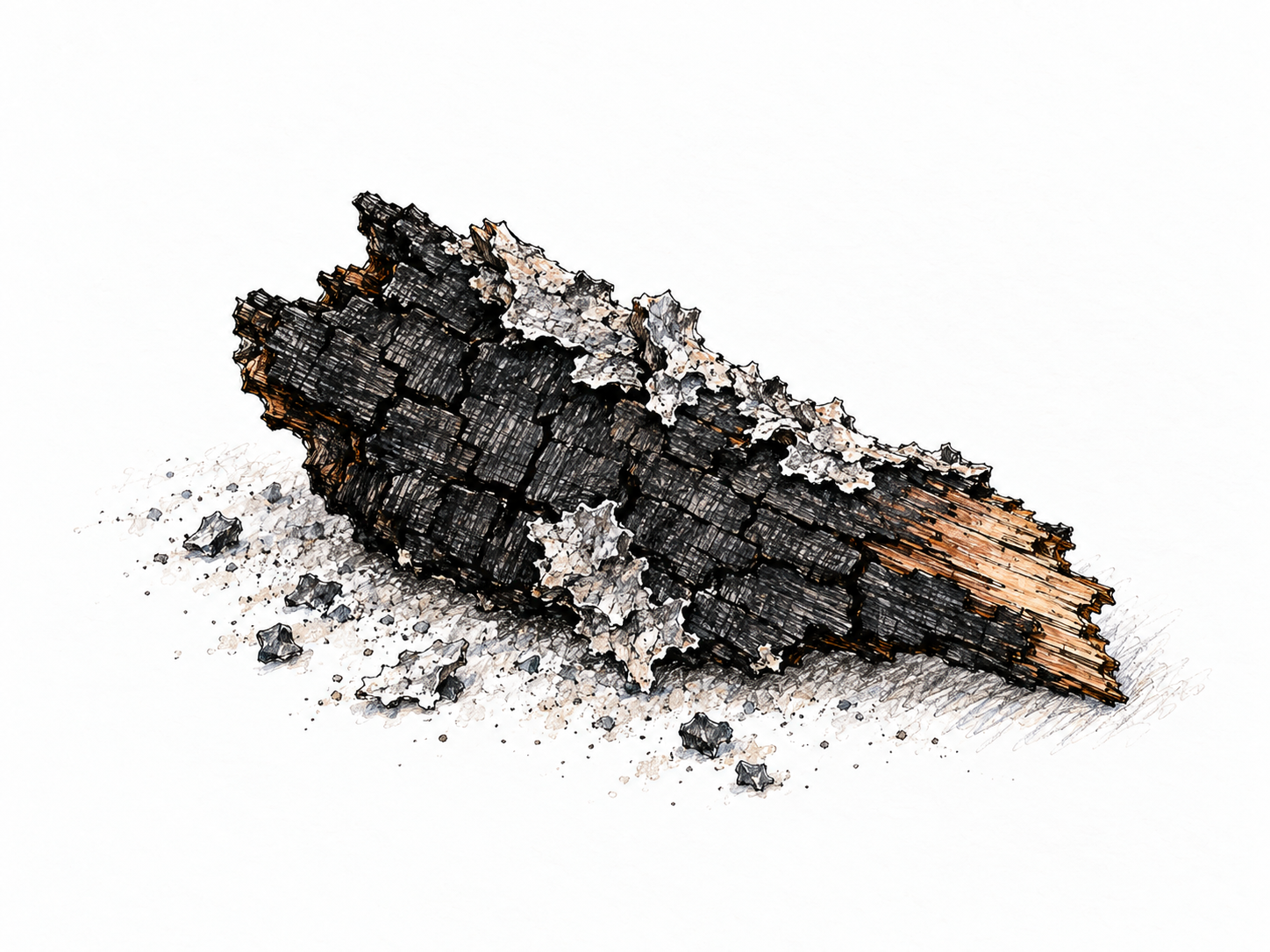 A close view of a small, partly burned wood fragment resting in a light scatter of ash, with blackened cracks, flaky gray ash, and a surviving brown wood-grain edge.
