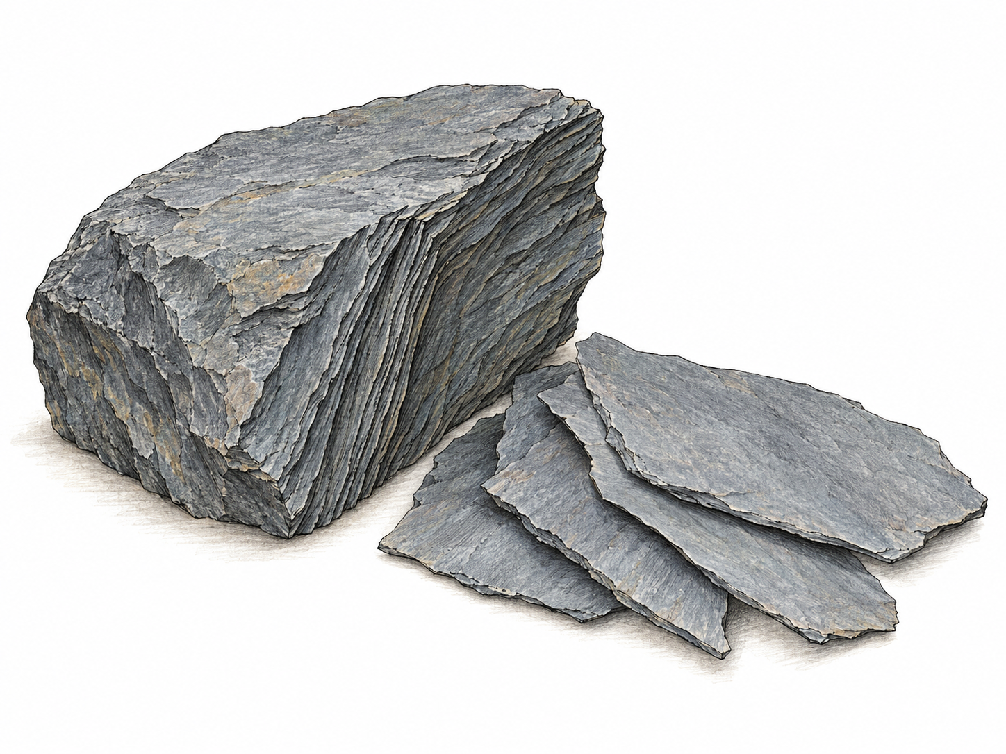 A rough gray slate rock with several thin sheets split away and fanned beside it, revealing fine-grained surfaces and parallel cleavage layers.