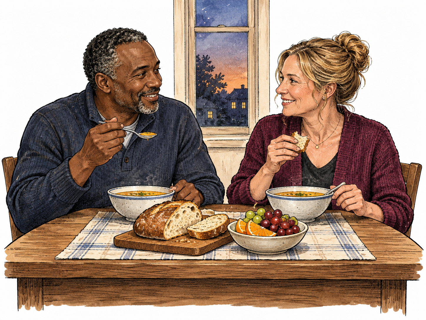 Two adults share a light evening meal of bread, soup and fruit at a small table beside a narrow window with dusk visible.