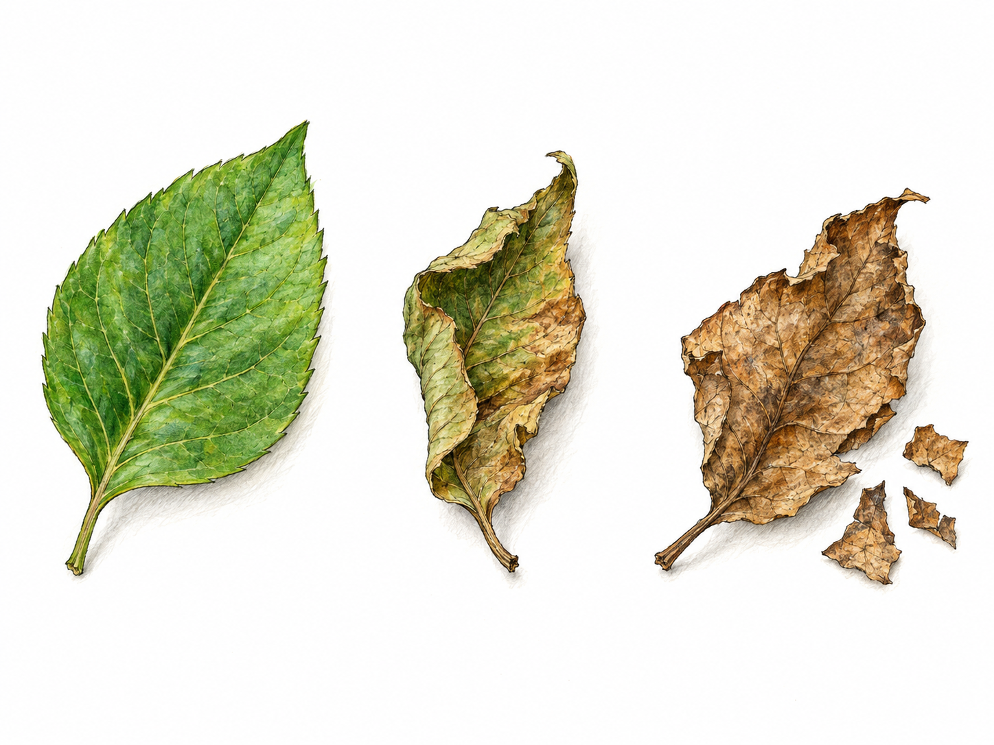 A clean three-stage observational still life across the white ground shows one small green leaf freshly picked at left, the same leaf curled and shriveling in the middle, and the same leaf fully brown and brittle at right beside a few dry fragments.