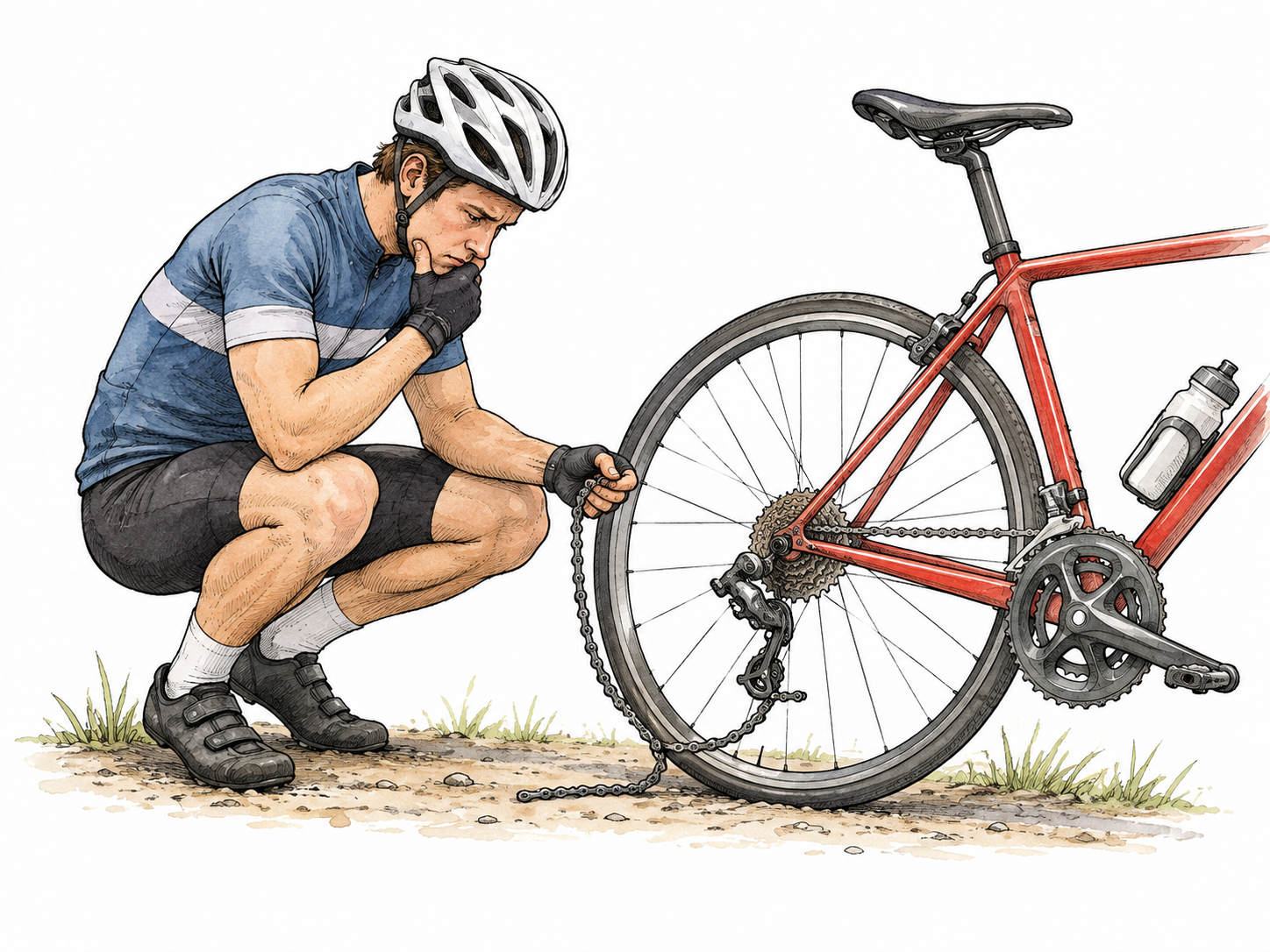 A white cyclist examines a broken chain that prevents the bicycle moving.