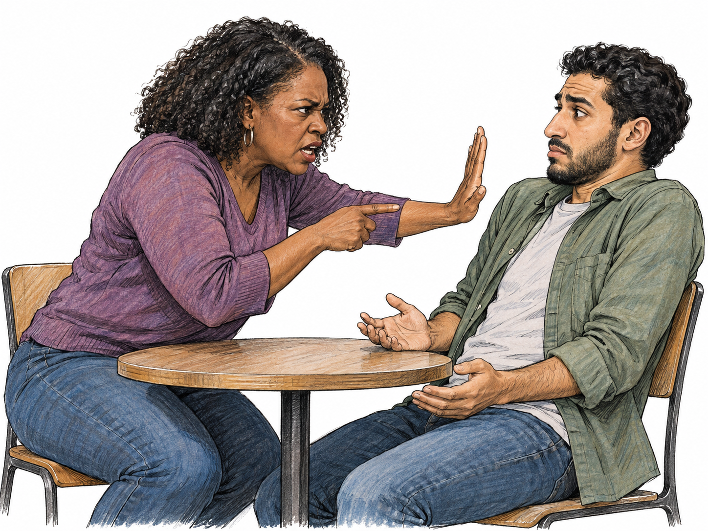 At a shared table, a woman crowds another adult's space, angrily jabbing a finger toward him while thrusting her other palm across his raised conversational hand to shut him down.