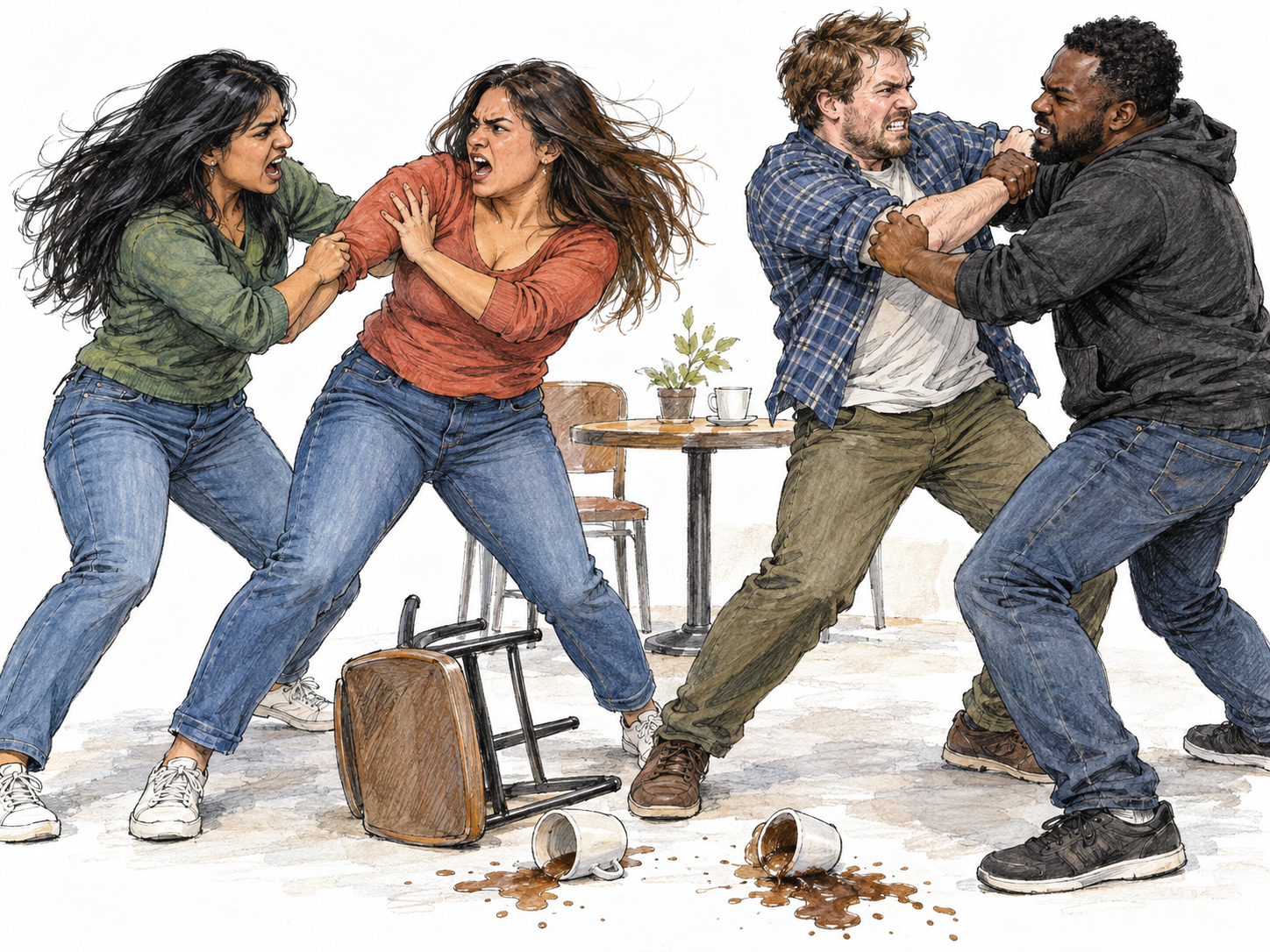 A chaotic, non-graphic café brawl: two women grapple while two other adults struggle beside an overturned chair and spilled drinks.