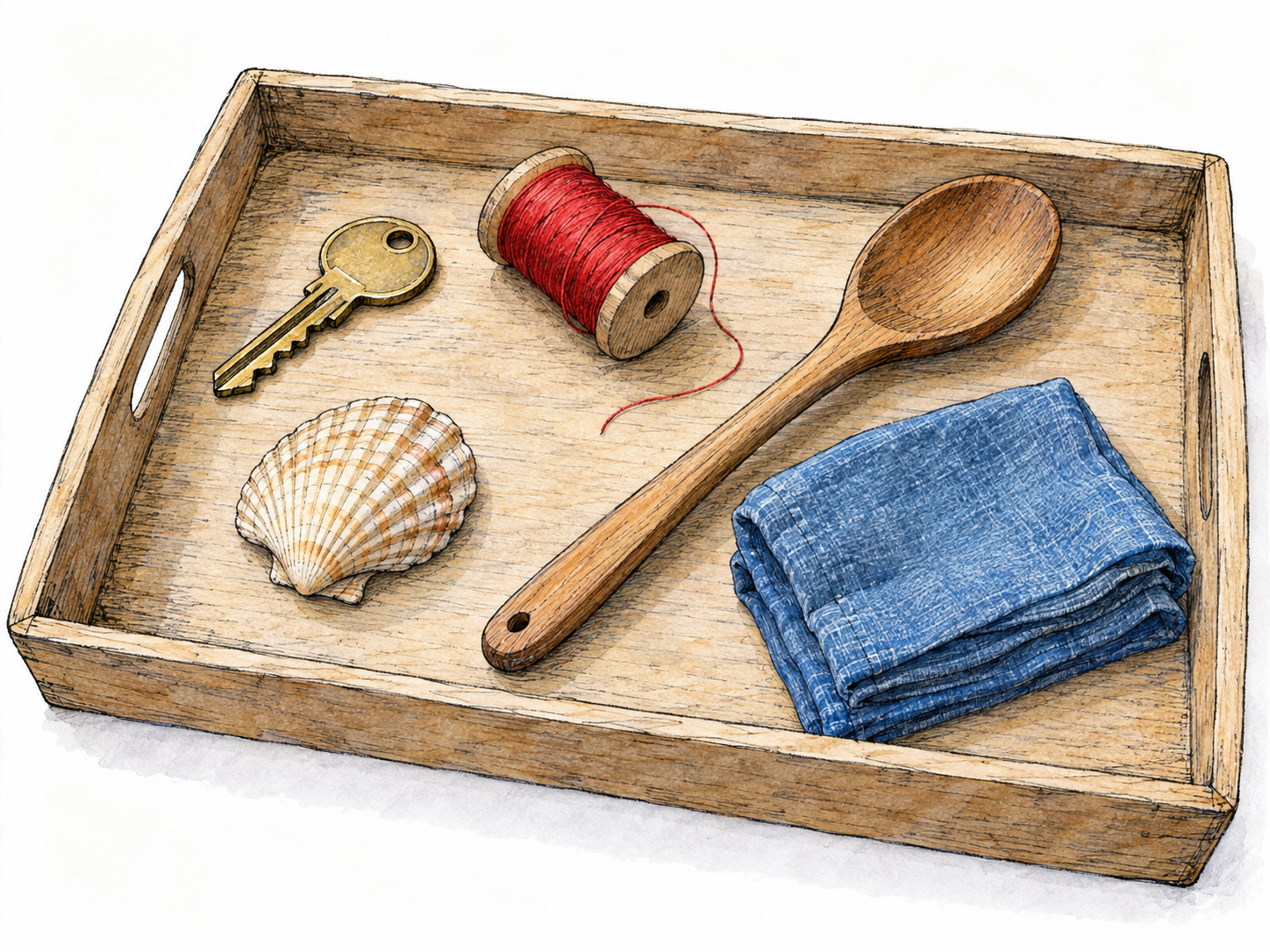 A single shallow tray holds several visibly different everyday objects: a key, a spool of thread, a wooden spoon, a small seashell, and a folded cloth.