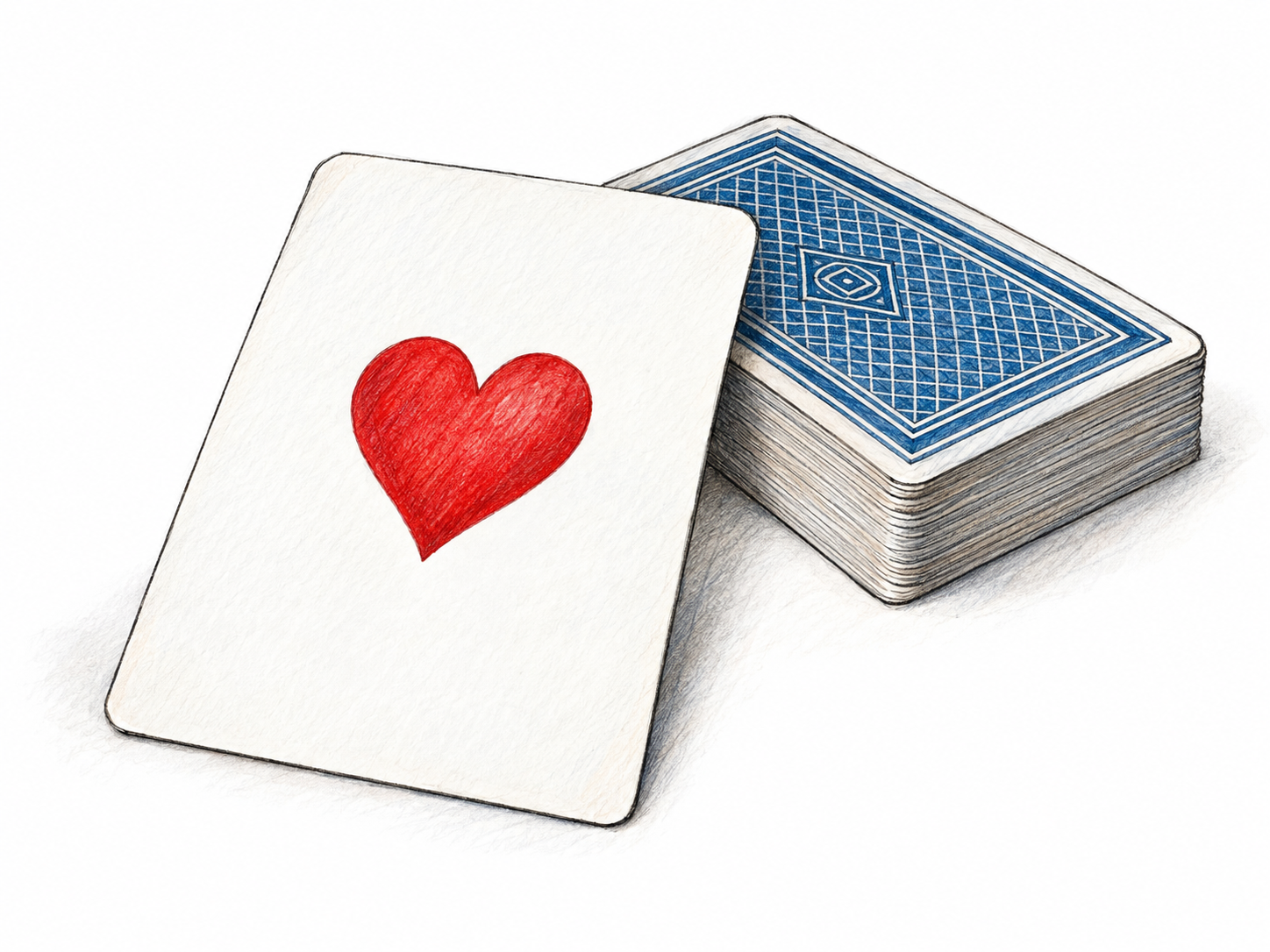 A single face-up playing card with one large red heart centered on its otherwise blank face, beside a small face-down deck that makes its identity as a playing card unmistakable.