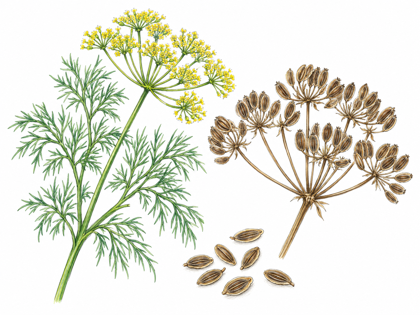 A fresh dill sprig with fine feathery leaves and a small yellow flower umbel, beside a mature seed head and a few loose dill seeds.