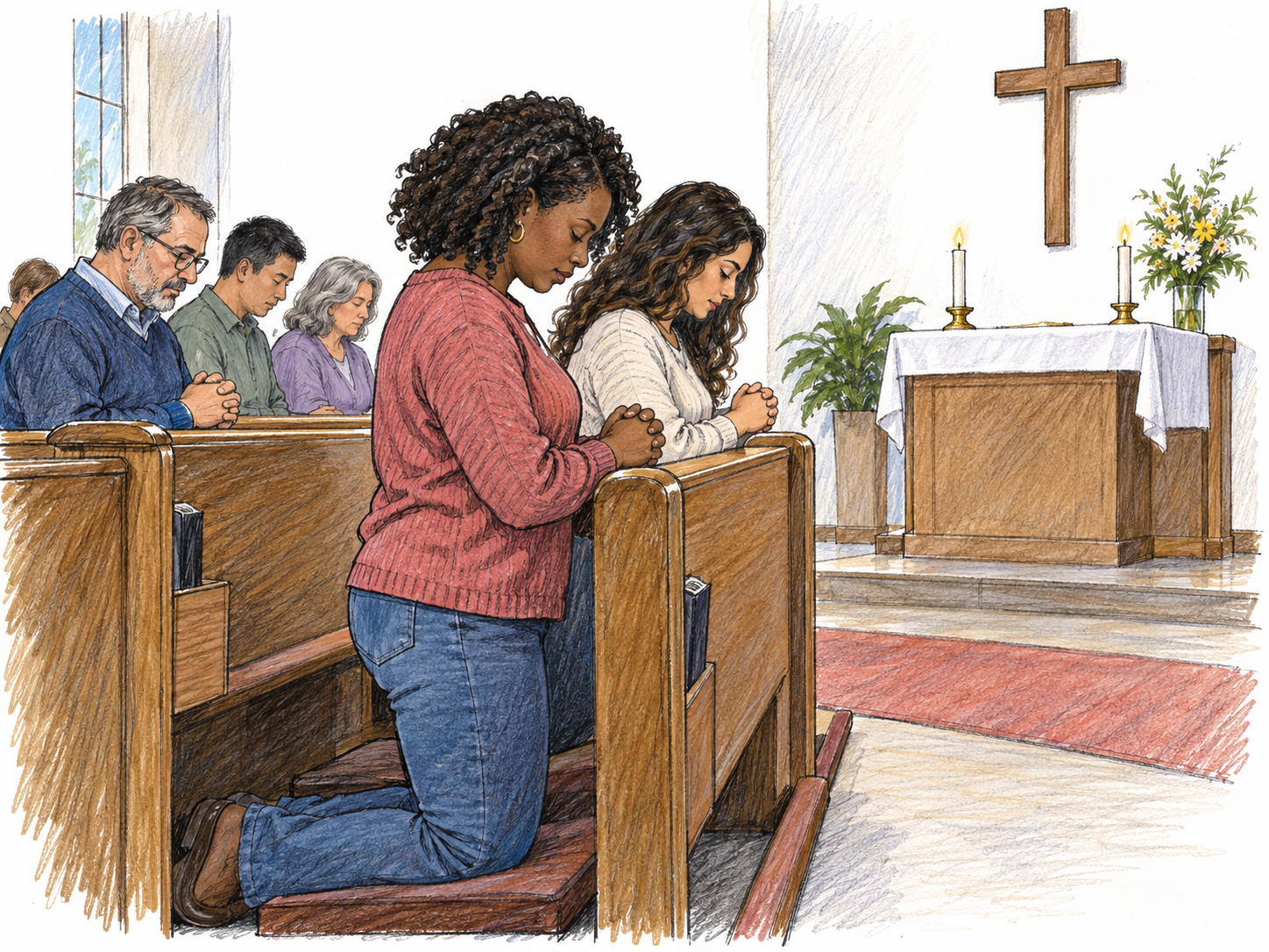 A lay woman participates in worship alongside fellow congregants in a modest local church.