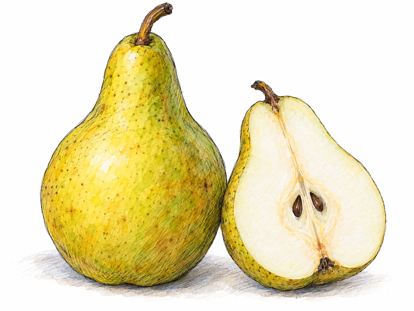 A ripe yellow-green pear standing upright, its narrow neck and broad rounded base clearly silhouetted, beside a cut half showing pale flesh and a small seeded core.