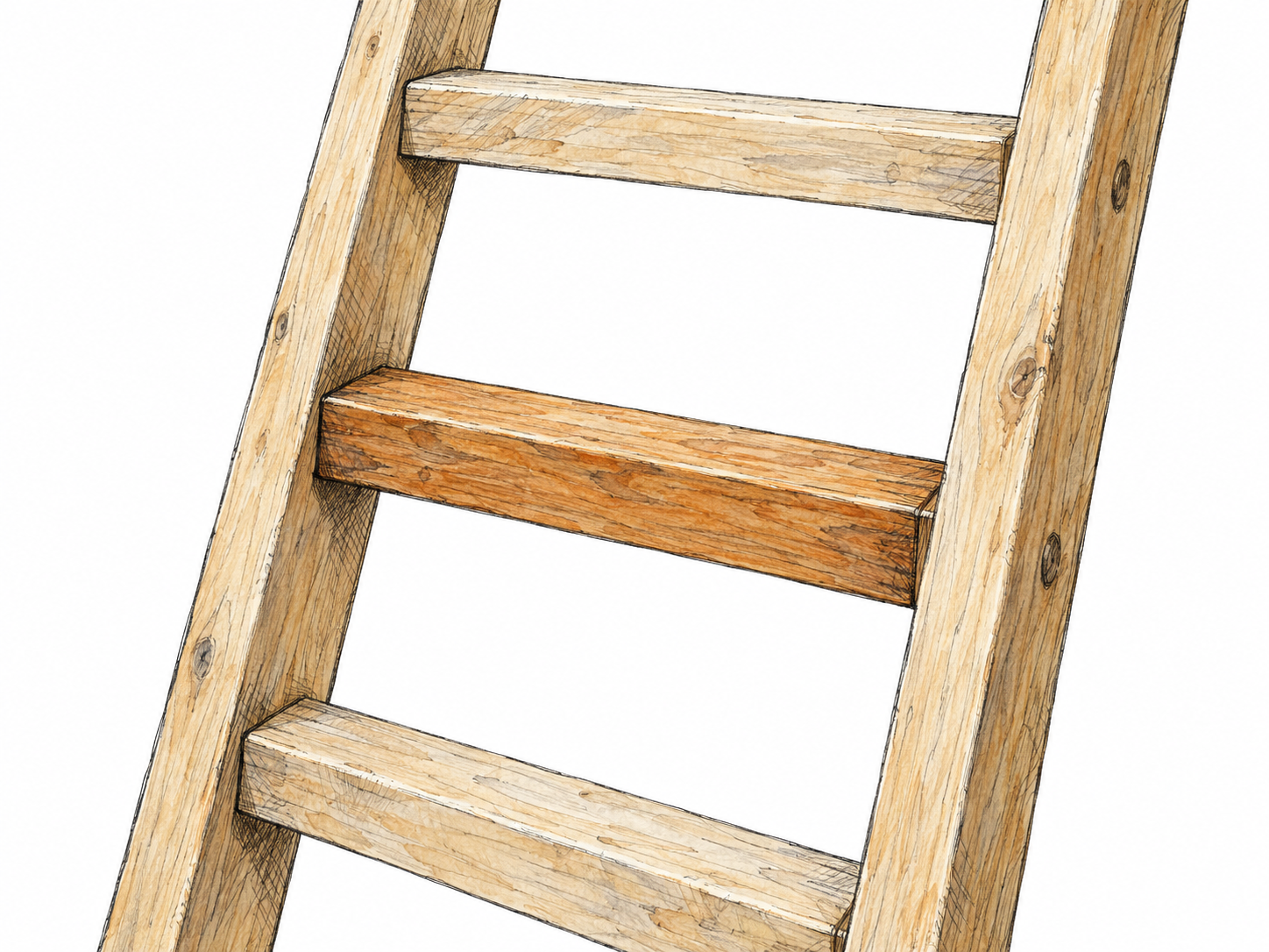 A close view of a wooden ladder, with one horizontal rung emphasized in natural color while both side rails and neighboring rungs remain visible.