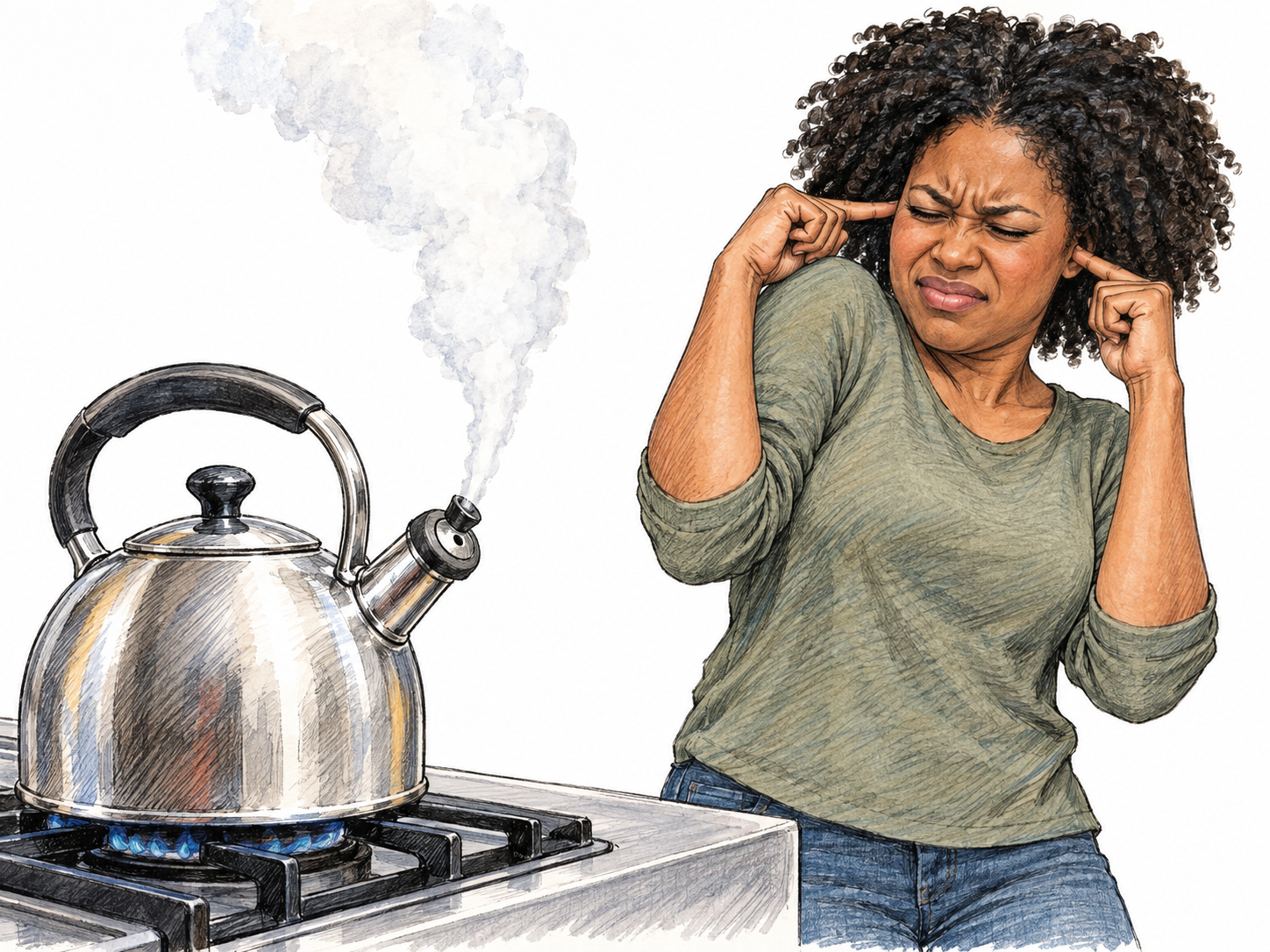 A whistling stovetop kettle releases a narrow jet of steam while a nearby woman winces and plugs her ears, making the piercing quality of its high whistle visible through a recognizable sound source and physical reaction.