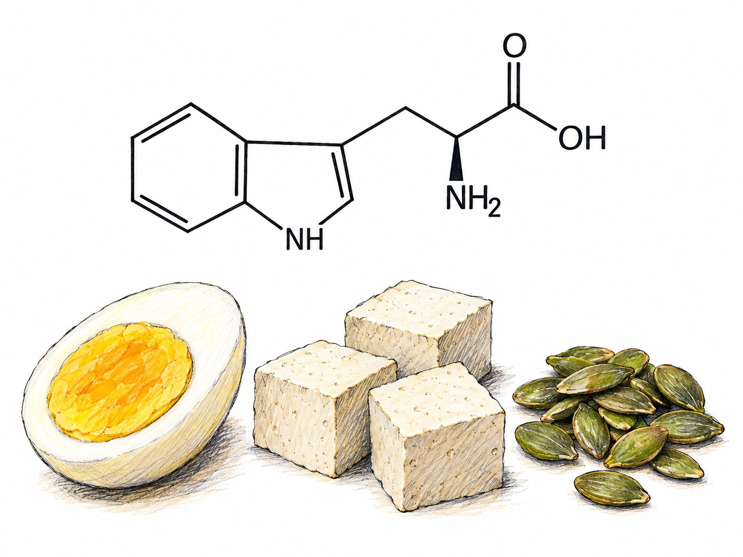 A chemically specific depiction of tryptophan paired with recognizable protein-rich foods: one large, accurate skeletal molecular structure above a small still life of egg, tofu, and pumpkin seeds.