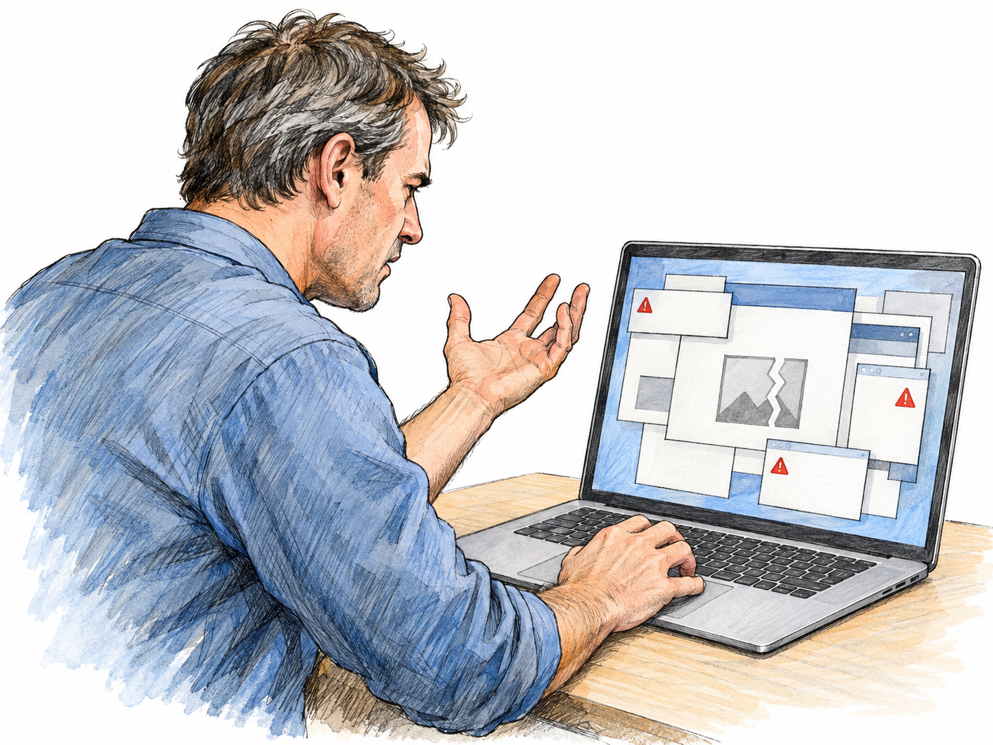A middle-aged white man encounters visibly malfunctioning software on a laptop: overlapping blank dialog boxes, a broken image placeholder, and misaligned interface elements make the defects concrete without written error messages.