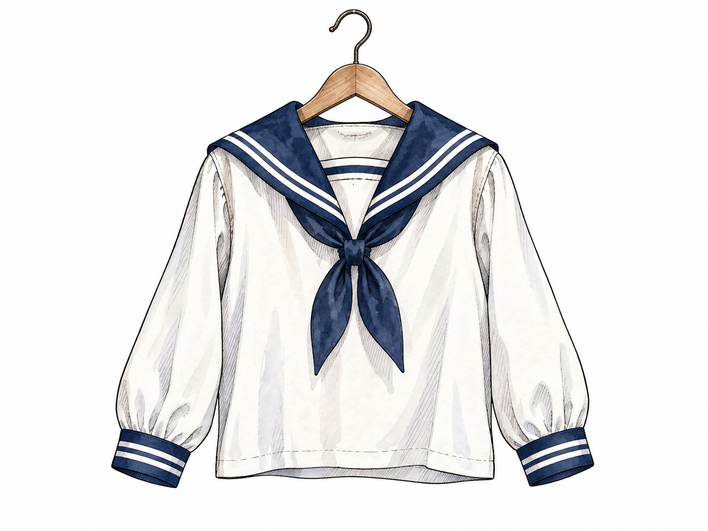 An unworn navy-and-white sailor-collar middy blouse on a hanger.