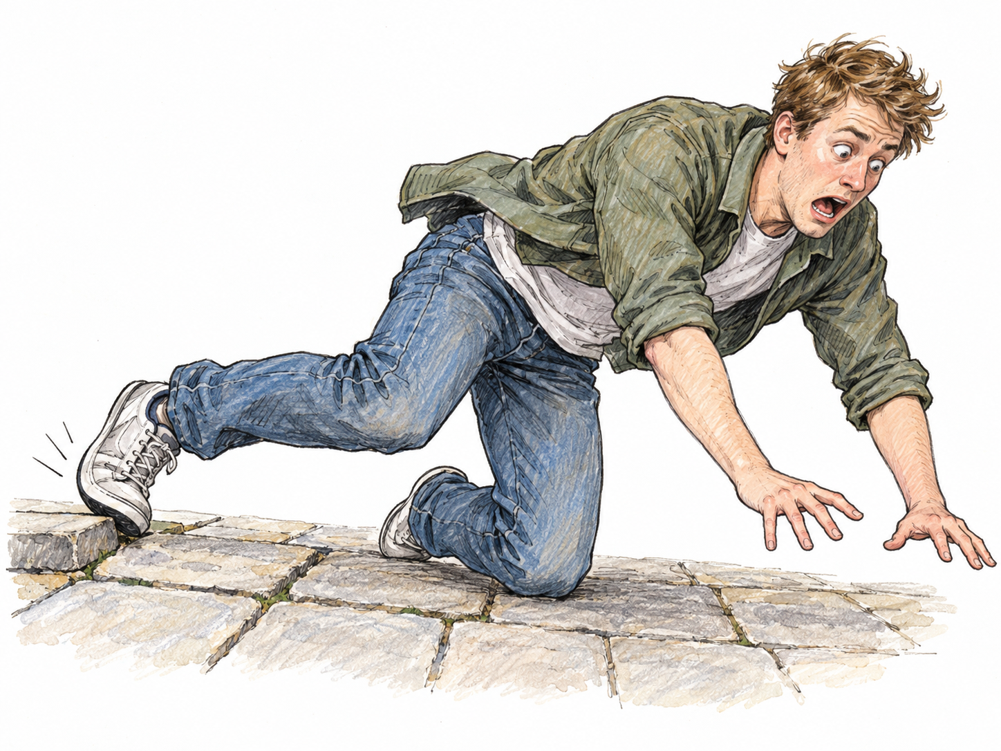 A young man catches his toe on a raised paving stone and tumbles forward, his body pitching off balance with arms flung out and knees buckling.